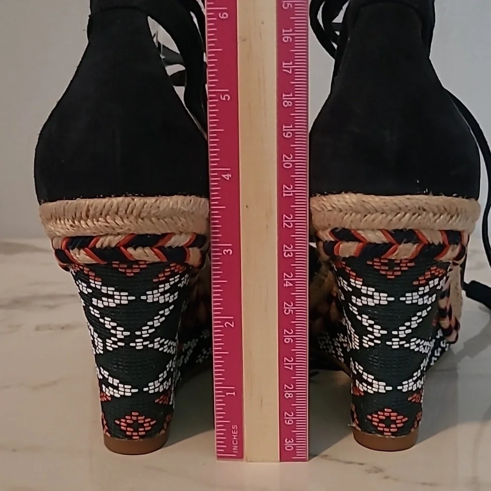 Cabi Isla Leather Suede Navy Blue Wedge Heels Espadrilles Sandals Wmns 7.5 Boho